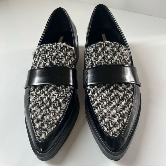 Zara Houndstooth Paton Black White Vegan Preppy Leather Loafer EU38 / US 7.5 - Picture 2 of 16